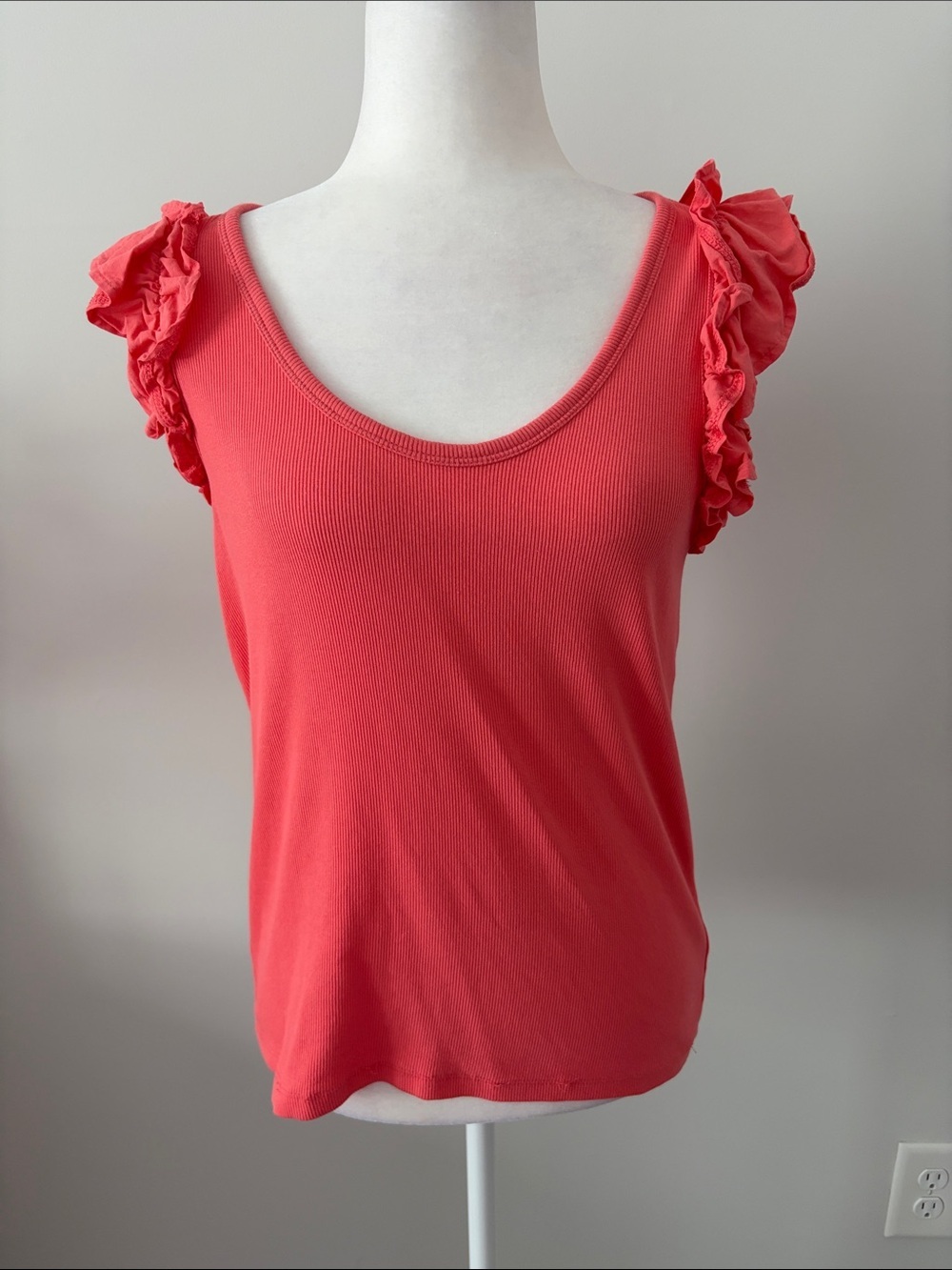 Ruffle Sleeve Scoop Neck Top - Coral Pink